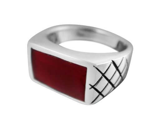 925 Sterling Silver Mens Carnelian Inlay Engraved Checkered Wide Ring