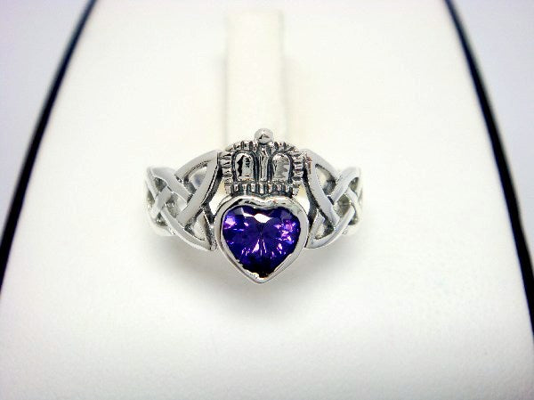 Sterling Silver Celtic Claddagh Ring with Purple Cubic Zirconia
