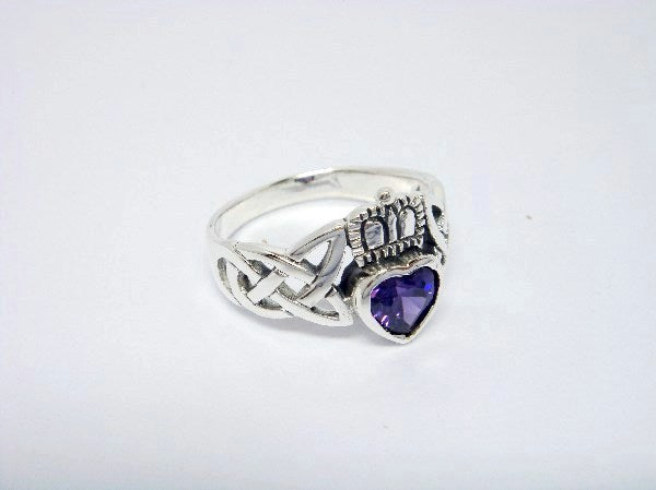 Sterling Silver Celtic Claddagh Ring with Purple Cubic Zirconia - SilverMania925