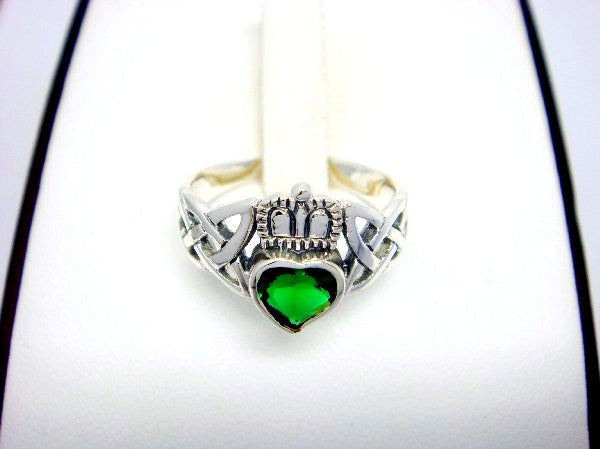 Sterling Silver Celtic Claddagh Ring with Green Cubic Zirconia - SilverMania925