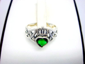 Sterling Silver Celtic Claddagh Ring with Green Cubic Zirconia