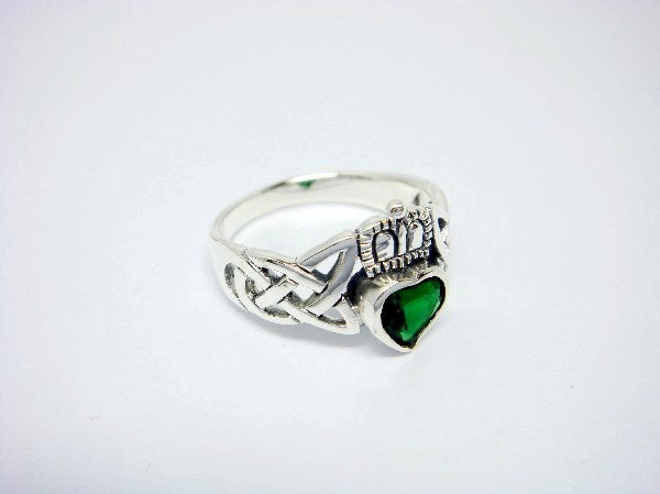 Sterling Silver Celtic Claddagh Ring with Green Cubic Zirconia