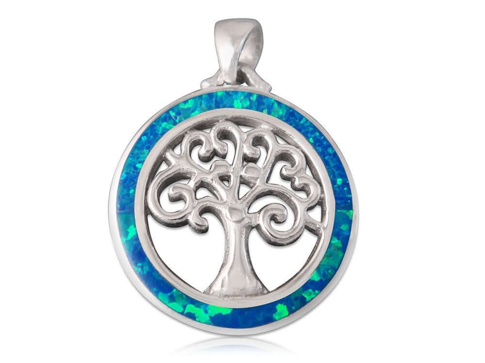 925 Sterling Silver Hawaiian Blue Fire Opal Inlay Celtic Tree of Life Round Charm Pendant - SilverMania925