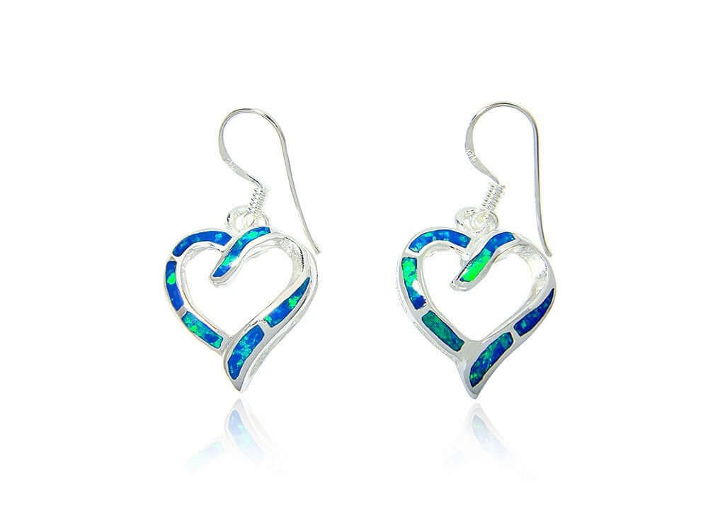 925 Sterling Silver Hawaiian Blue Fire Inlay Opal Love Heart Dangle Earrings Set