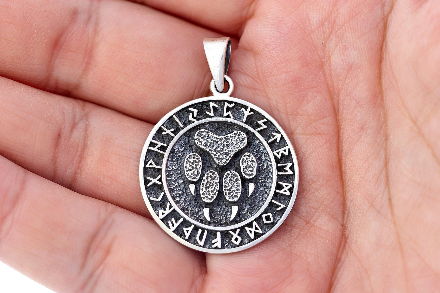 925 Sterling Silver Viking Bear Paw Footprint Pendant with Runes - SilverMania925