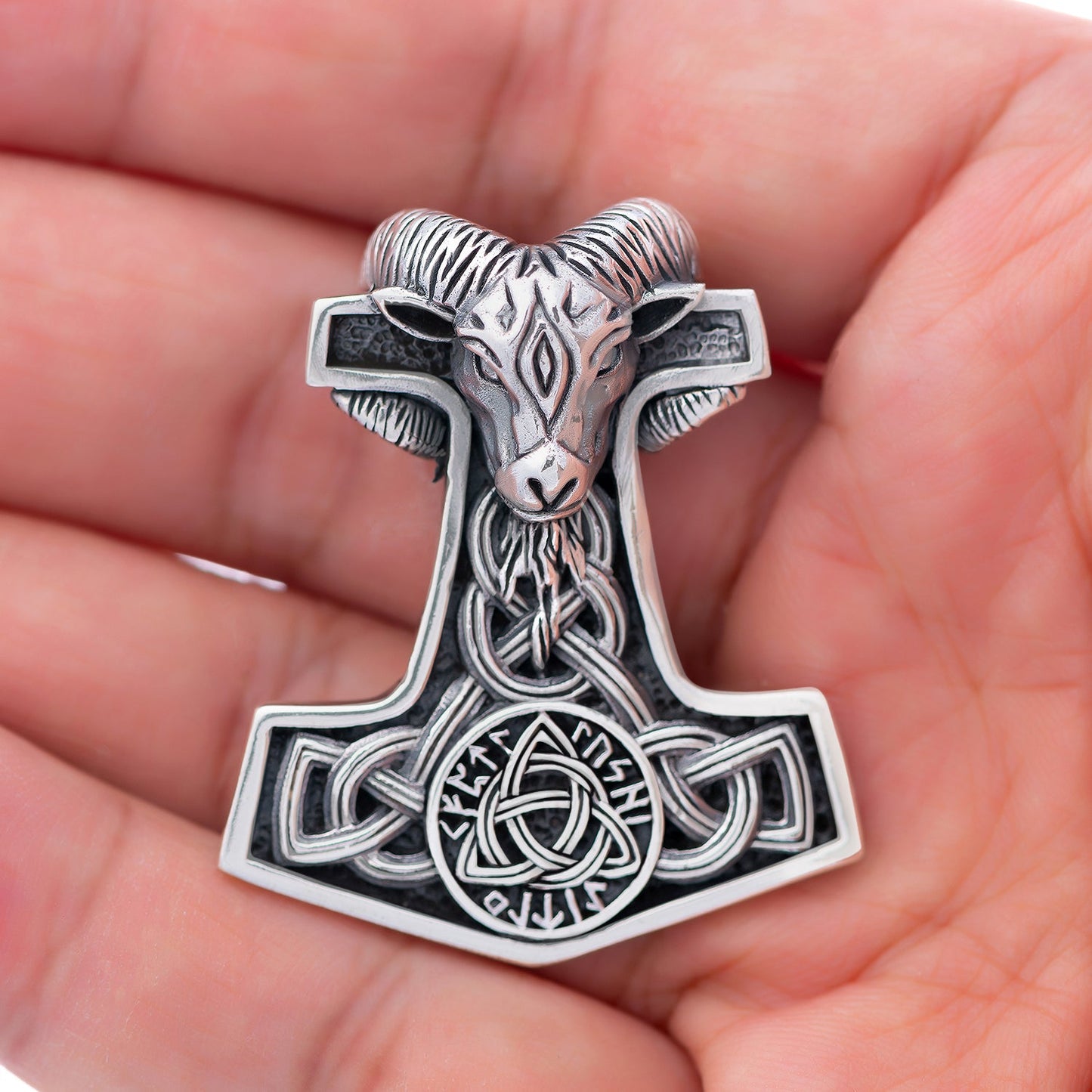 925 Sterling Silver Viking Mjolnir Goat Amulet with Triquetra Knot - SilverMania925