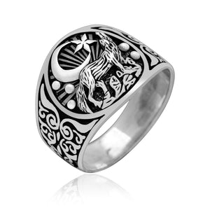 925 Sterling Silver Howling Wolf Wiccan Ring