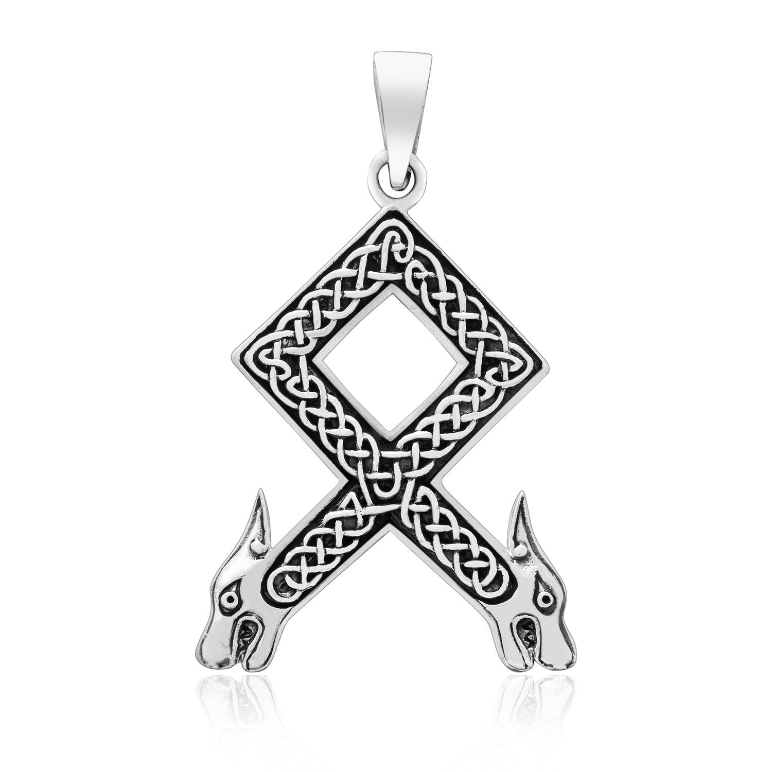 Sterling Silver Odal Rune with Wolf Heads Pendant