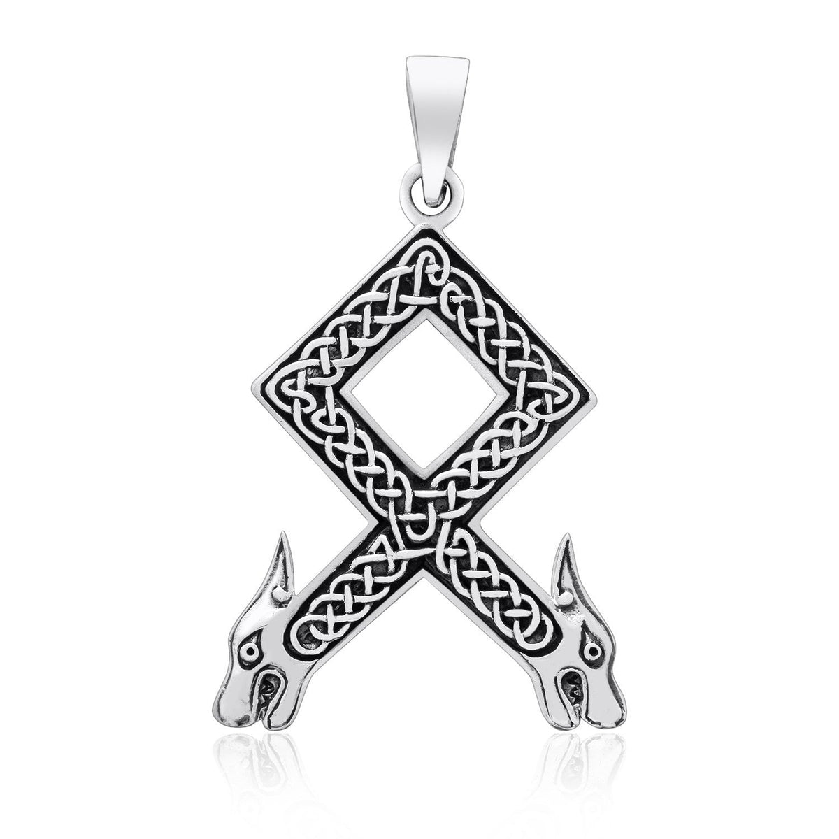 925 Sterling Silver Viking Othala Rune Wolf Heads with Knotwork Pendant - SilverMania925