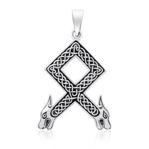 925 Sterling Silver Viking Othala Rune Wolf Heads with Knotwork Pendant