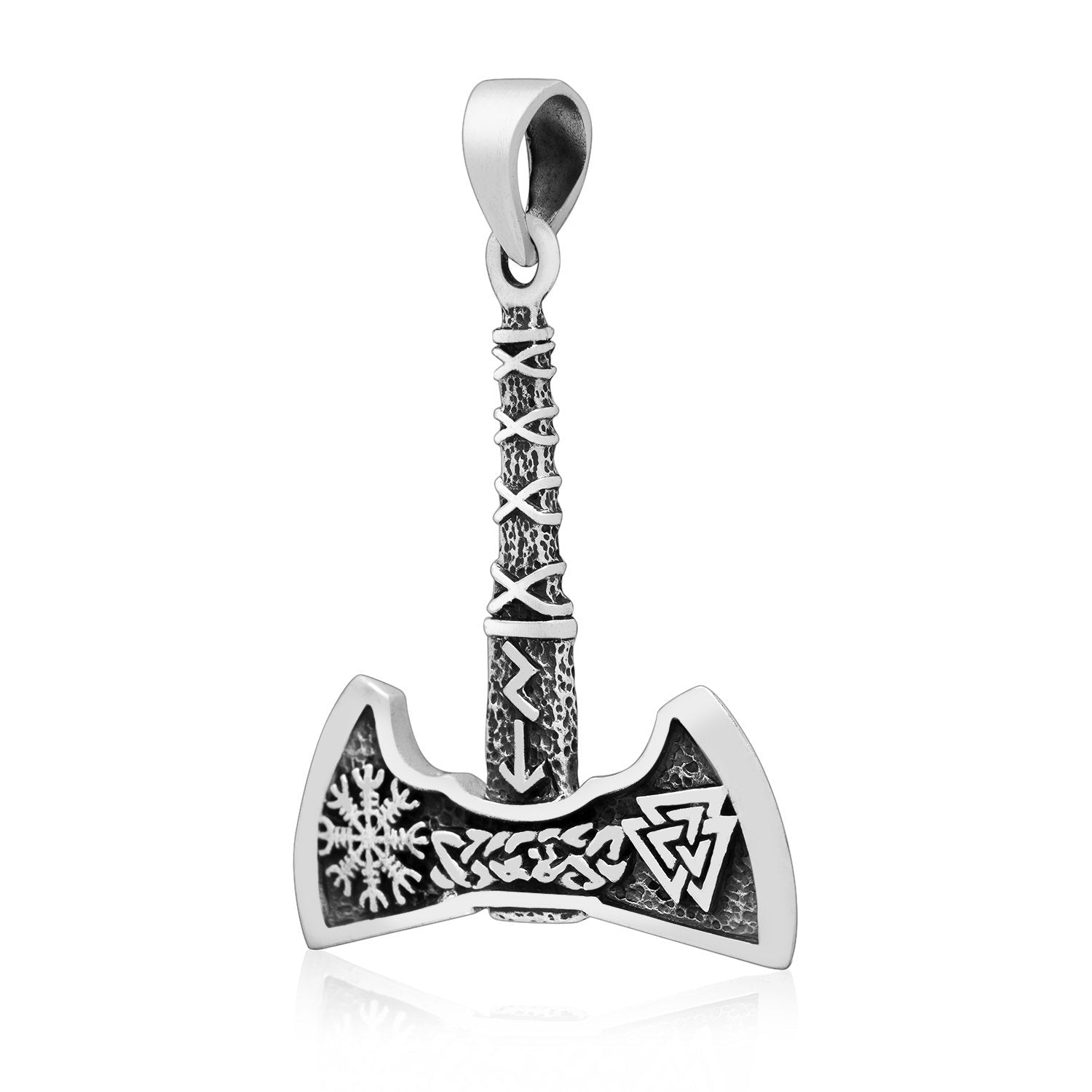 925 Sterling Silver Viking Axe with Valknut and Helm of Awe Pendant - SilverMania925