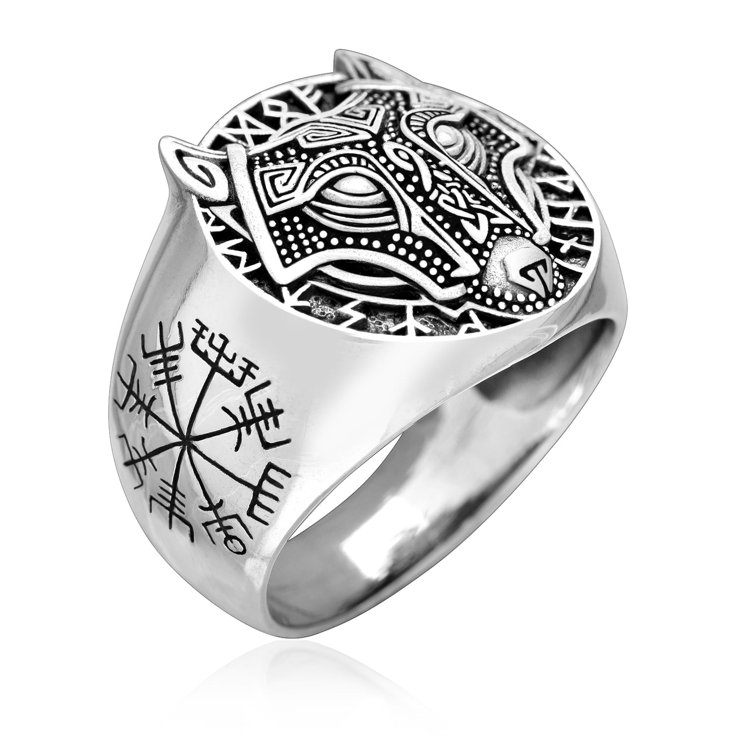 Sterling Silver Viking Ring with Fenrir and Vegvisir