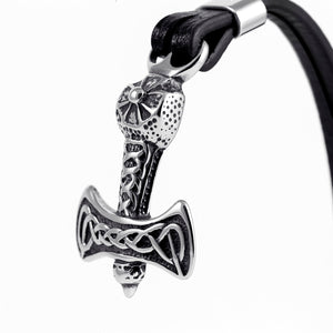 Stainless Steel Viking Mjolnir with Black Leather Bracelet