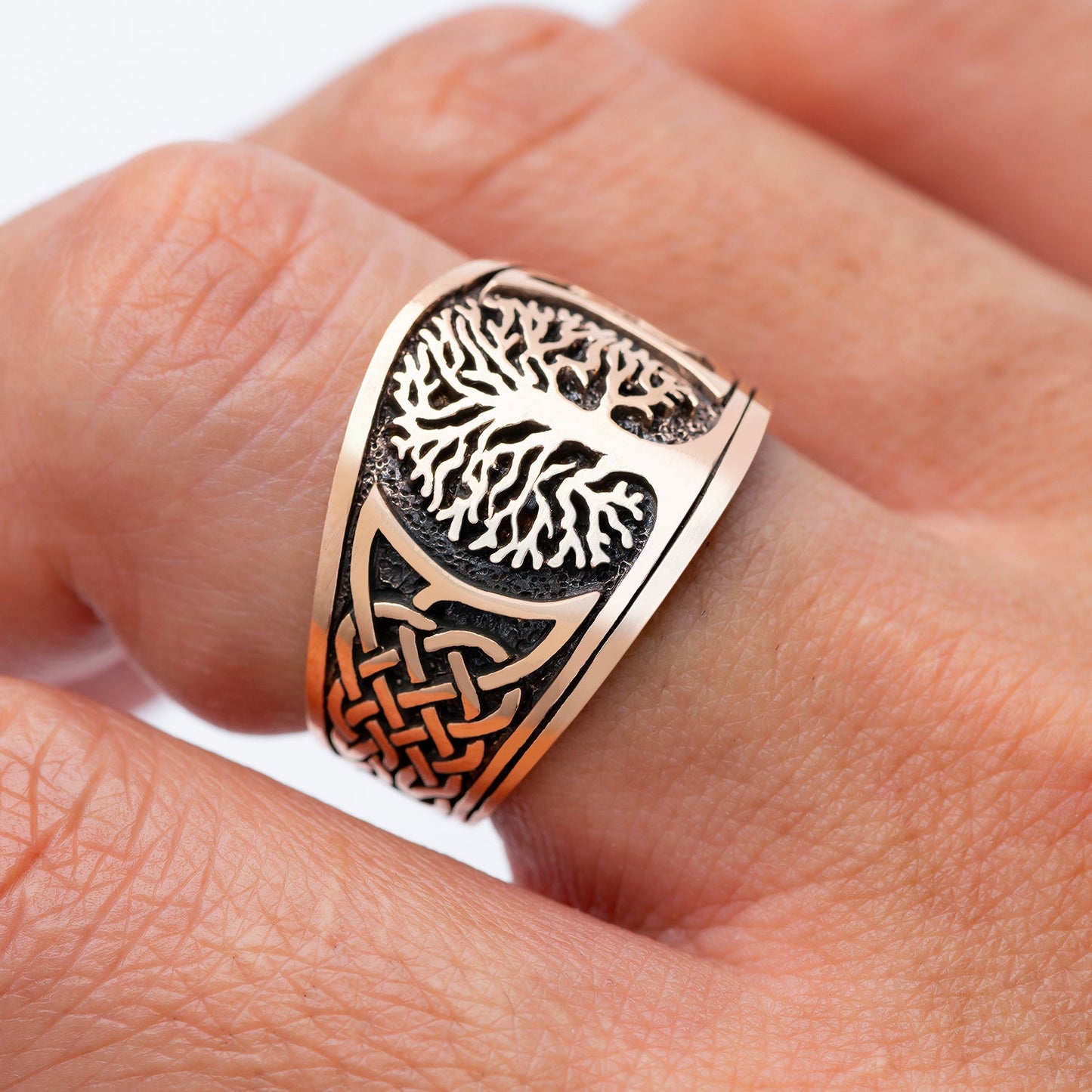 Viking Yggdrasil with Knotwork Bronze Ring - SilverMania925