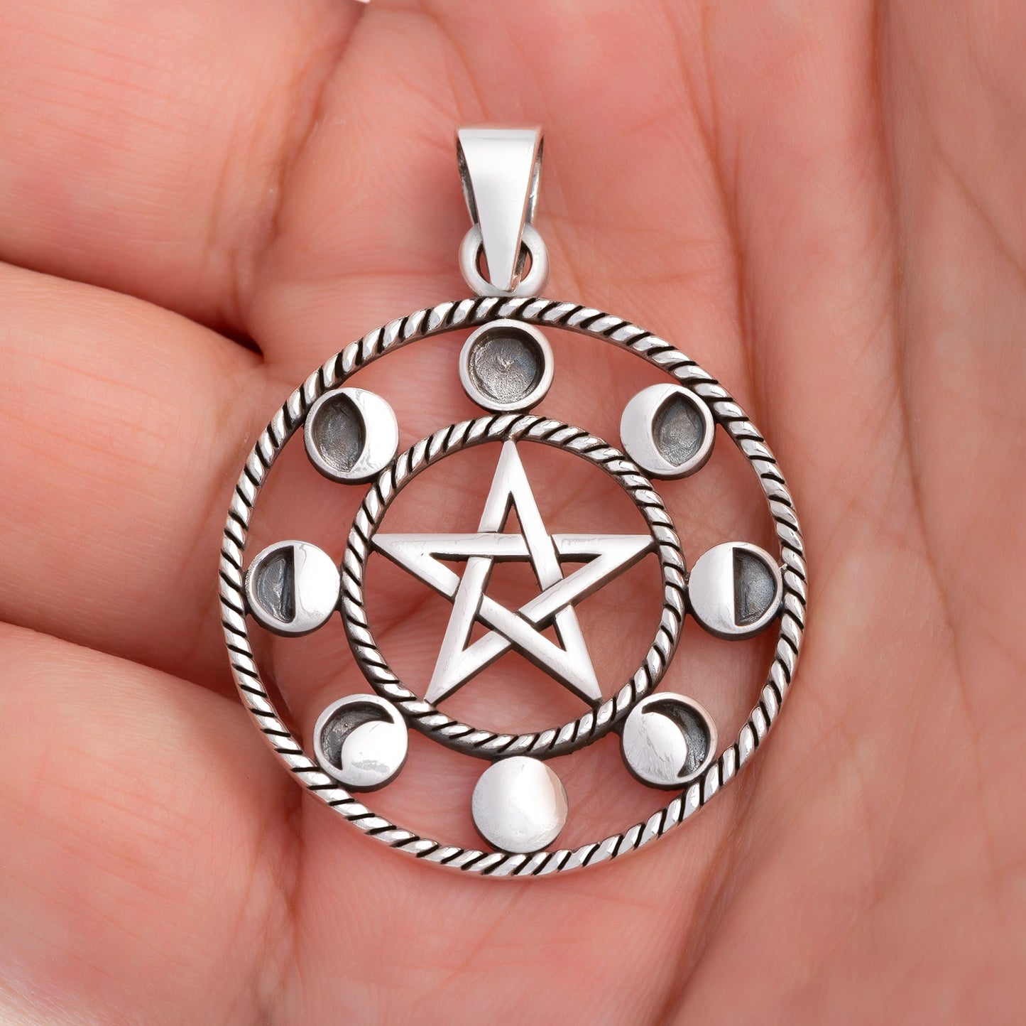 Sterling Silver 8 Moon Phases Pendant with Pentagram - SilverMania925