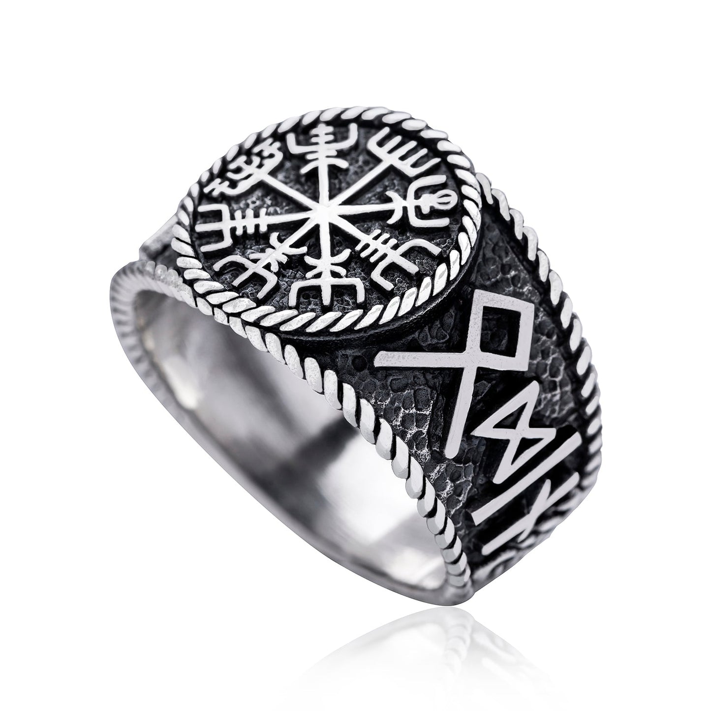 925 Sterling Silver Viking Vegvisir with Runes Ring - SilverMania925