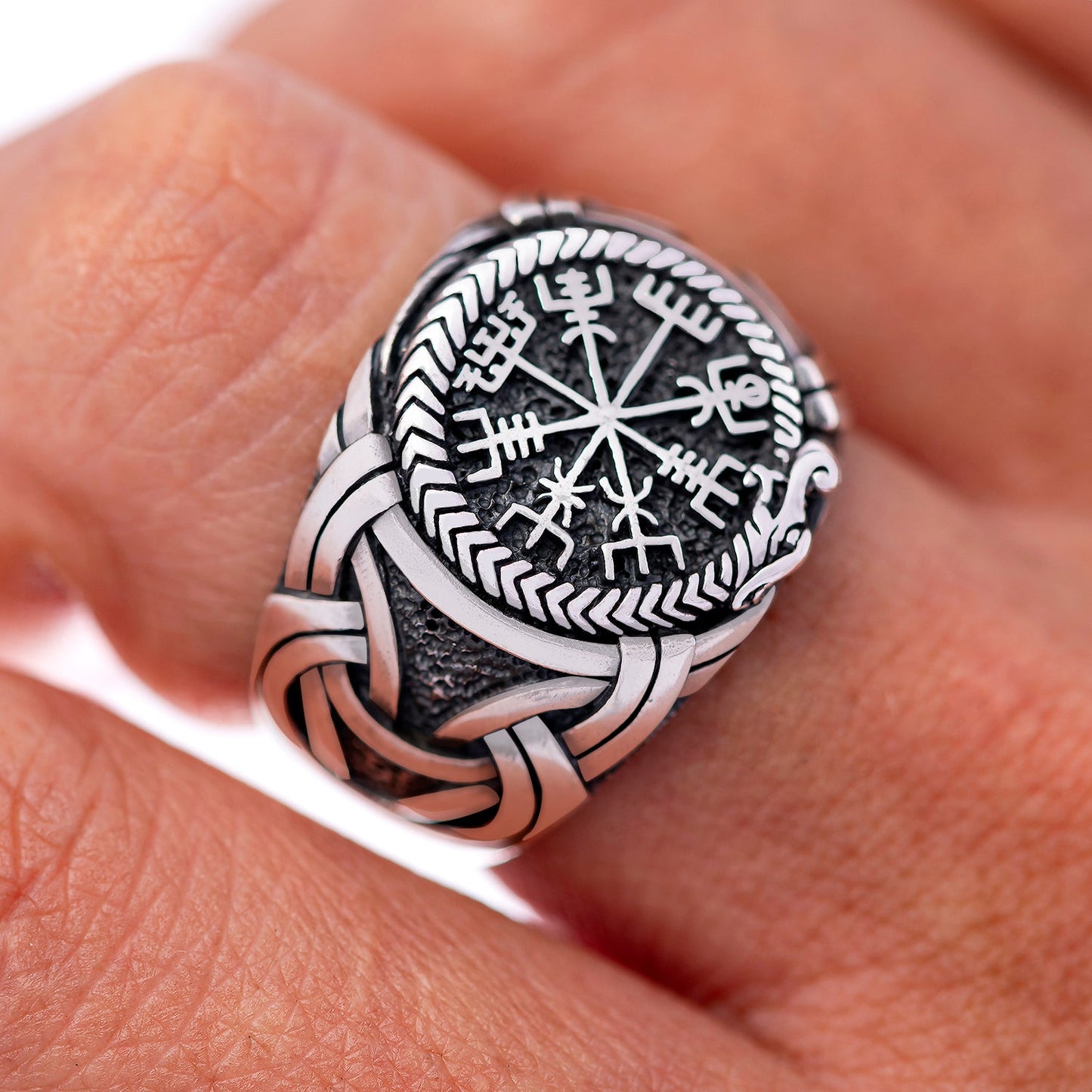 925 Sterling Silver Viking Vegvisir and Jormungand Ring - SilverMania925