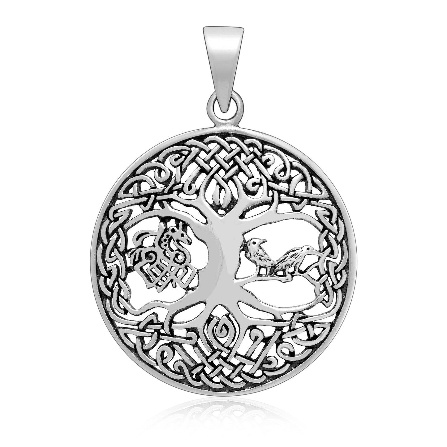 Sterling Silver Yggdrasil Pendant with Raven and Sleipnir - SilverMania925