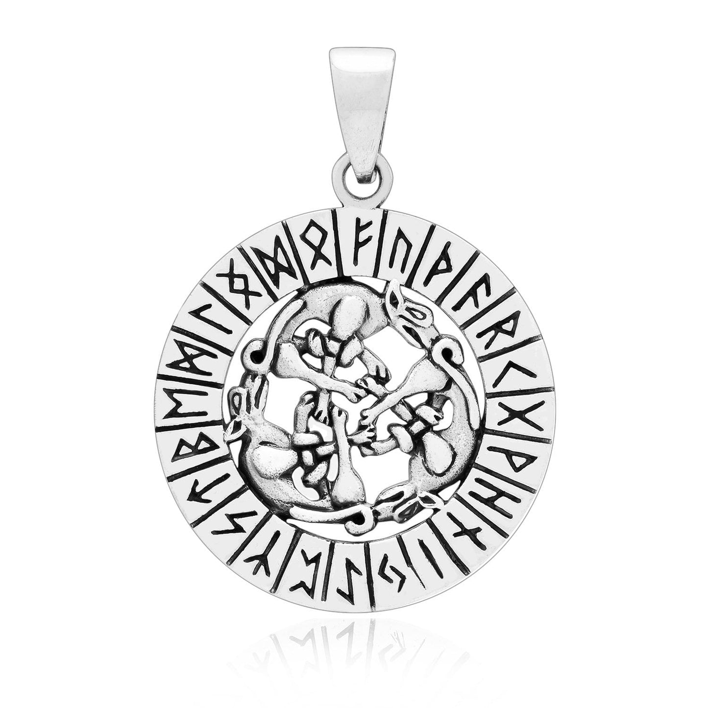 925 Sterling Silver Viking Wolves Pendant with Runes - SilverMania925