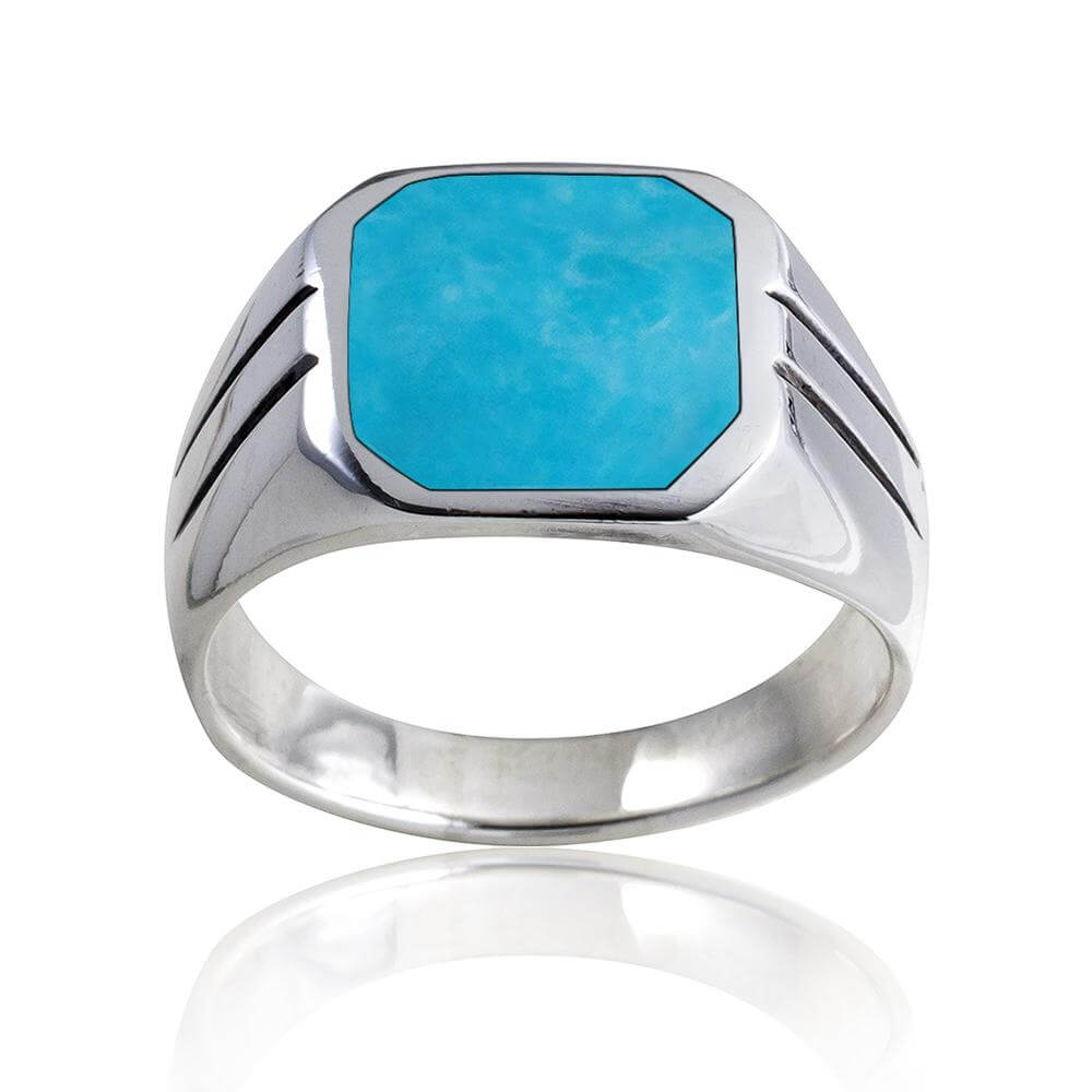 925 Sterling Silver Mens Square Turquoise Classic Style Solid Band Ring - SilverMania925