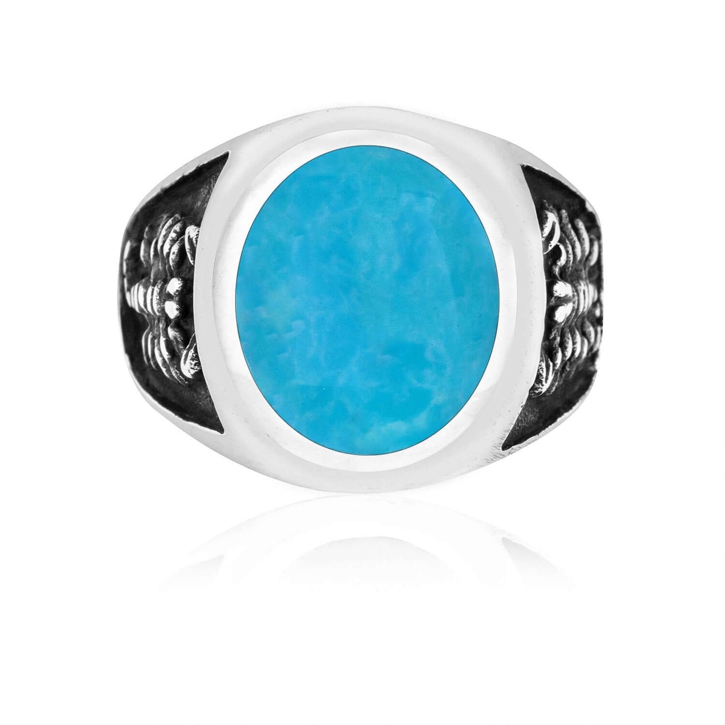 925 Sterling Silver Mens Oval Turquoise Engraved Scorpion Thick Ring - SilverMania925