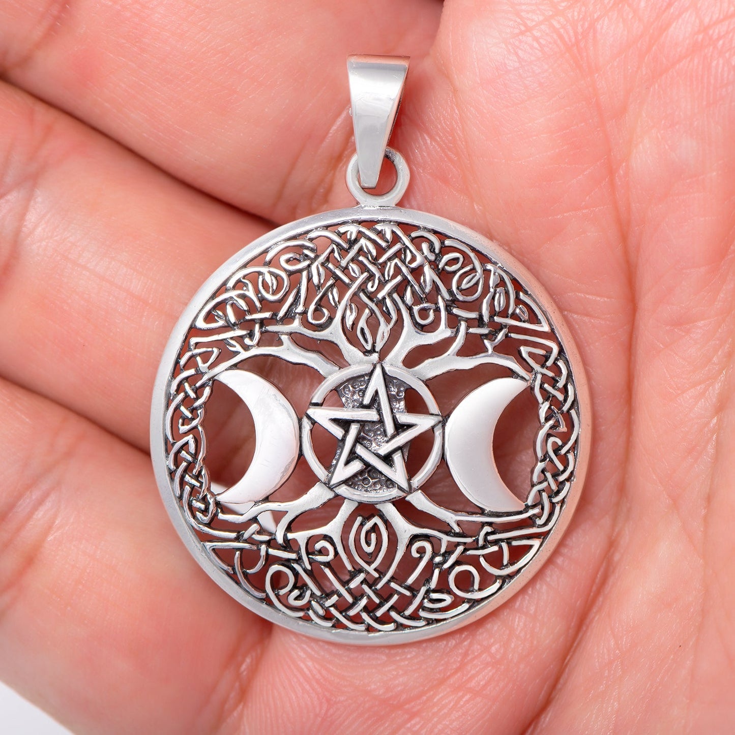 925 Sterling Silver Triple Moon Goddess Pendant with Yggdrasil - SilverMania925