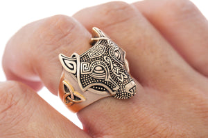 Viking Wolf Head Ring Handcrafted from Bronze