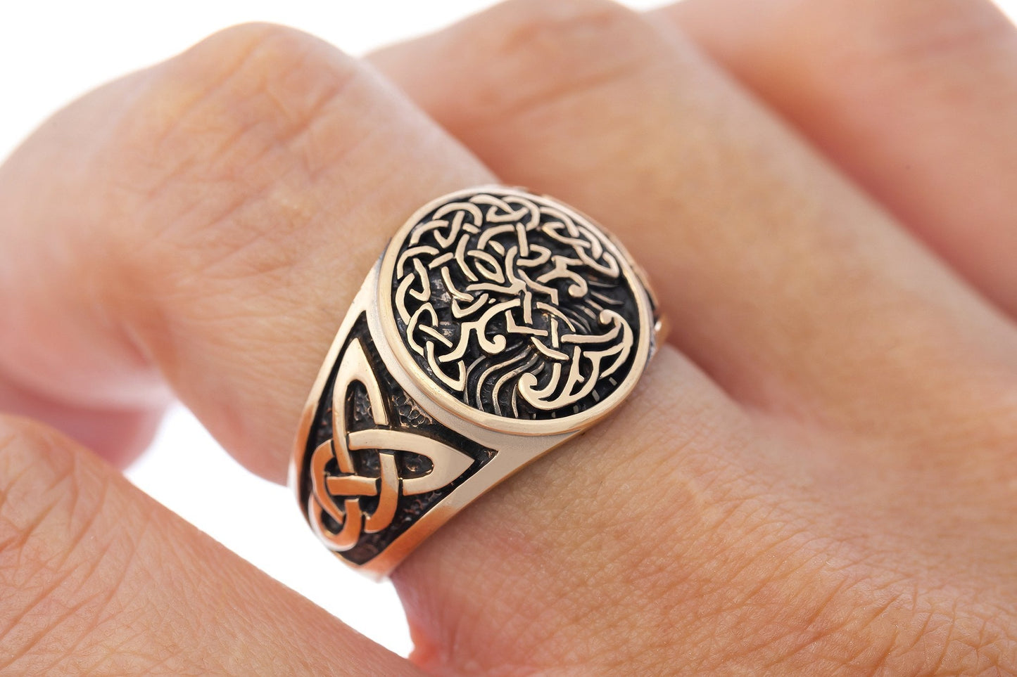 Viking Yggdrasil Bronze Ring with Knotwork - SilverMania925