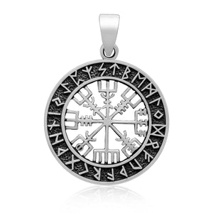 925 Sterling Silver Viking Vegvisir Pendant with Norse Runes