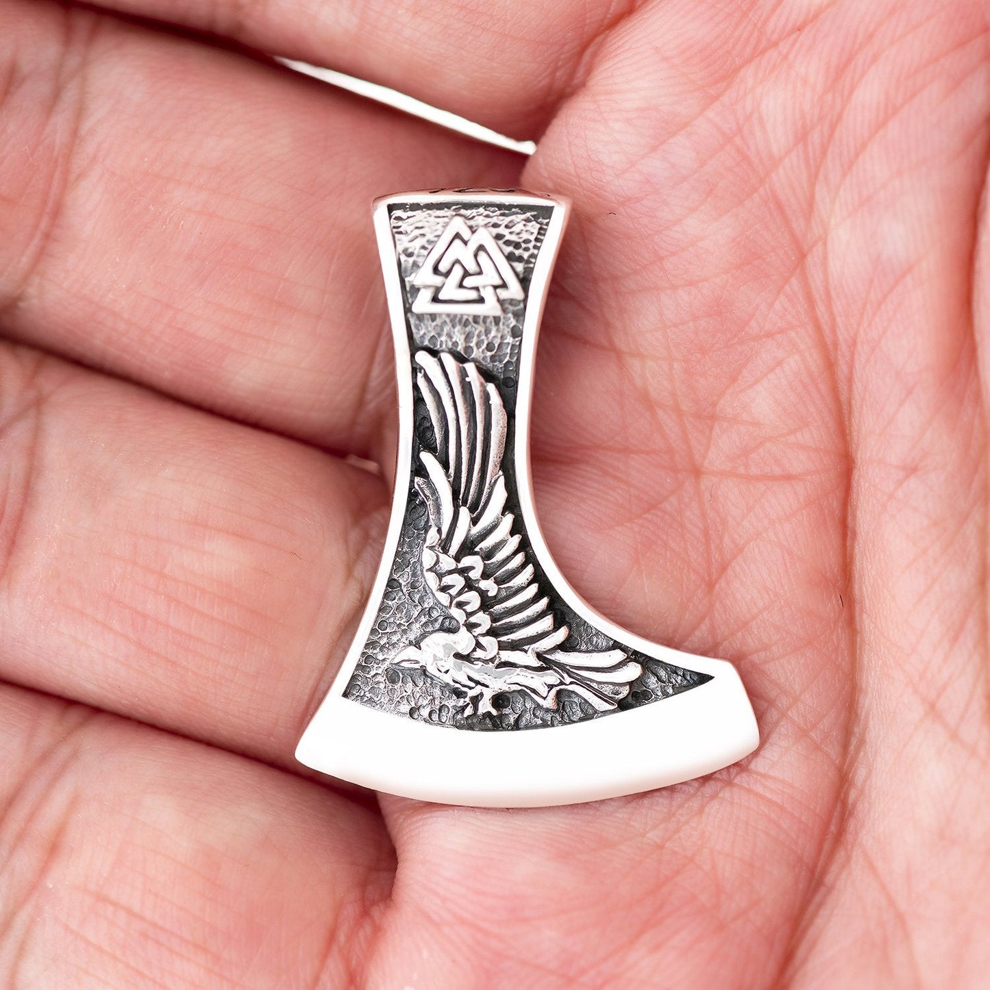 Sterling Silver Viking Axe Pendant with Raven and Wolf - SilverMania925