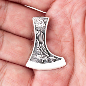 Sterling Silver Viking Axe Pendant with Raven and Wolf