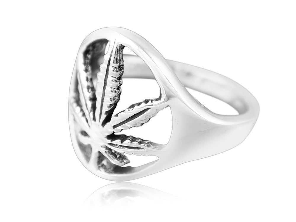 925 Sterling Silver Signet Marijuana Pot Leaf Cannabis Smoke Weed Ganja Ring - SilverMania925