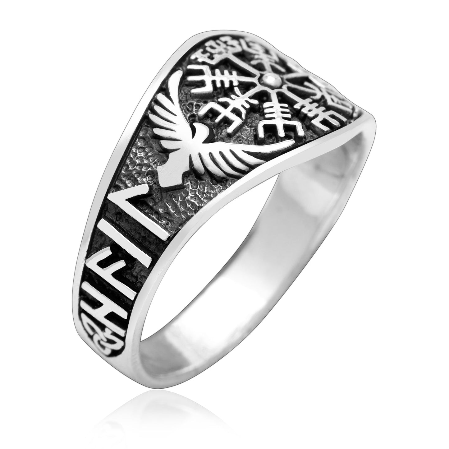 925 Sterling Silver Viking Vegvisir Ring with Raven and Runes - SilverMania925