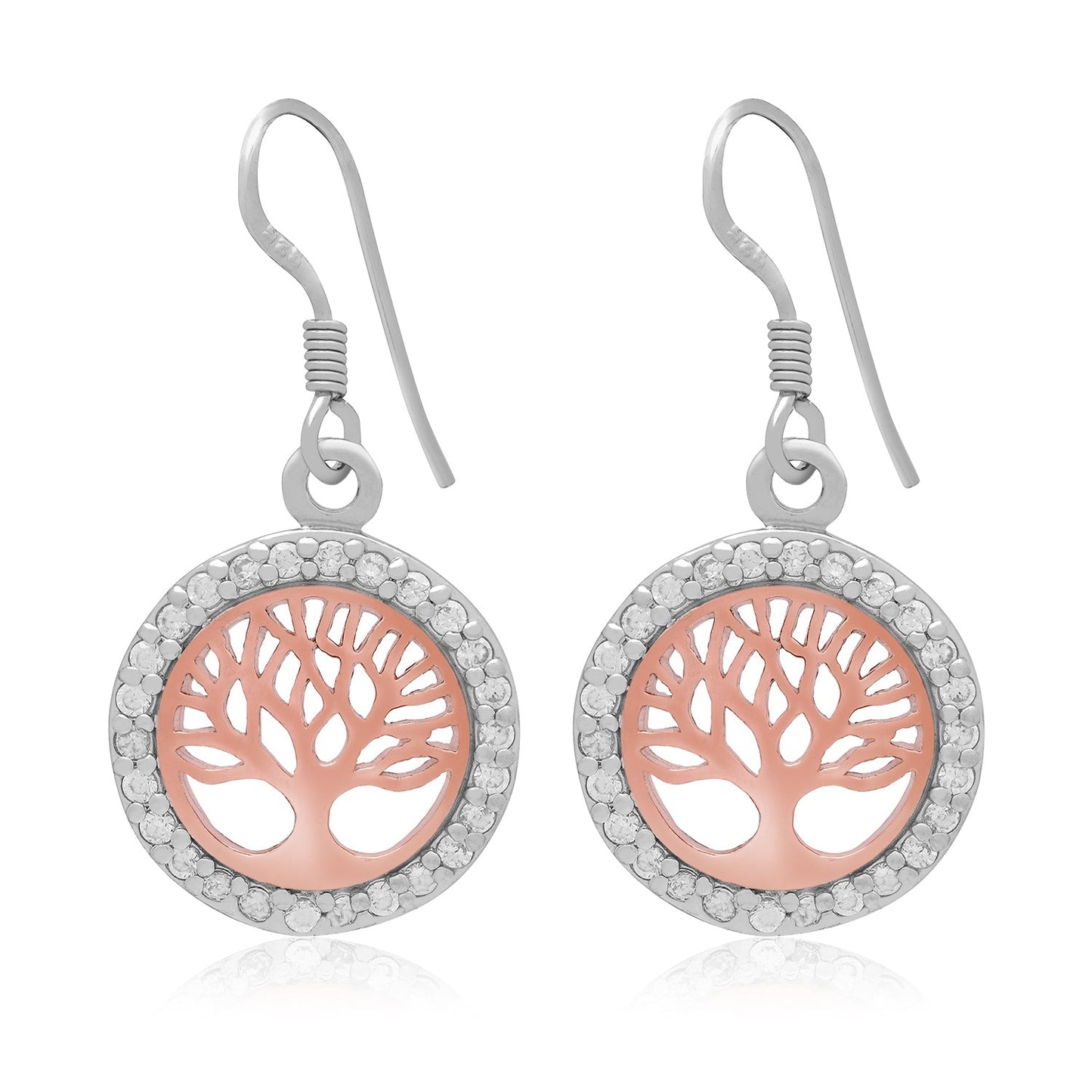 Sterling Silver Rose Gold Tree of Life and CZ Earrings - SilverMania925