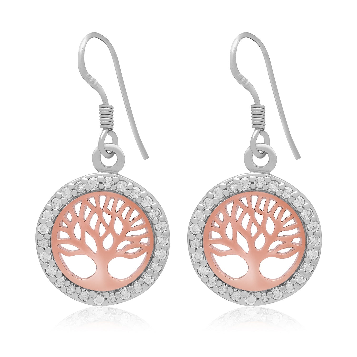 Sterling Silver with Rose Gold Viking Yggdrasil and Cubic Zirconia Earrings