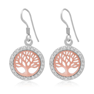 Sterling Silver with Rose Gold Viking Yggdrasil and Cubic Zirconia Earrings