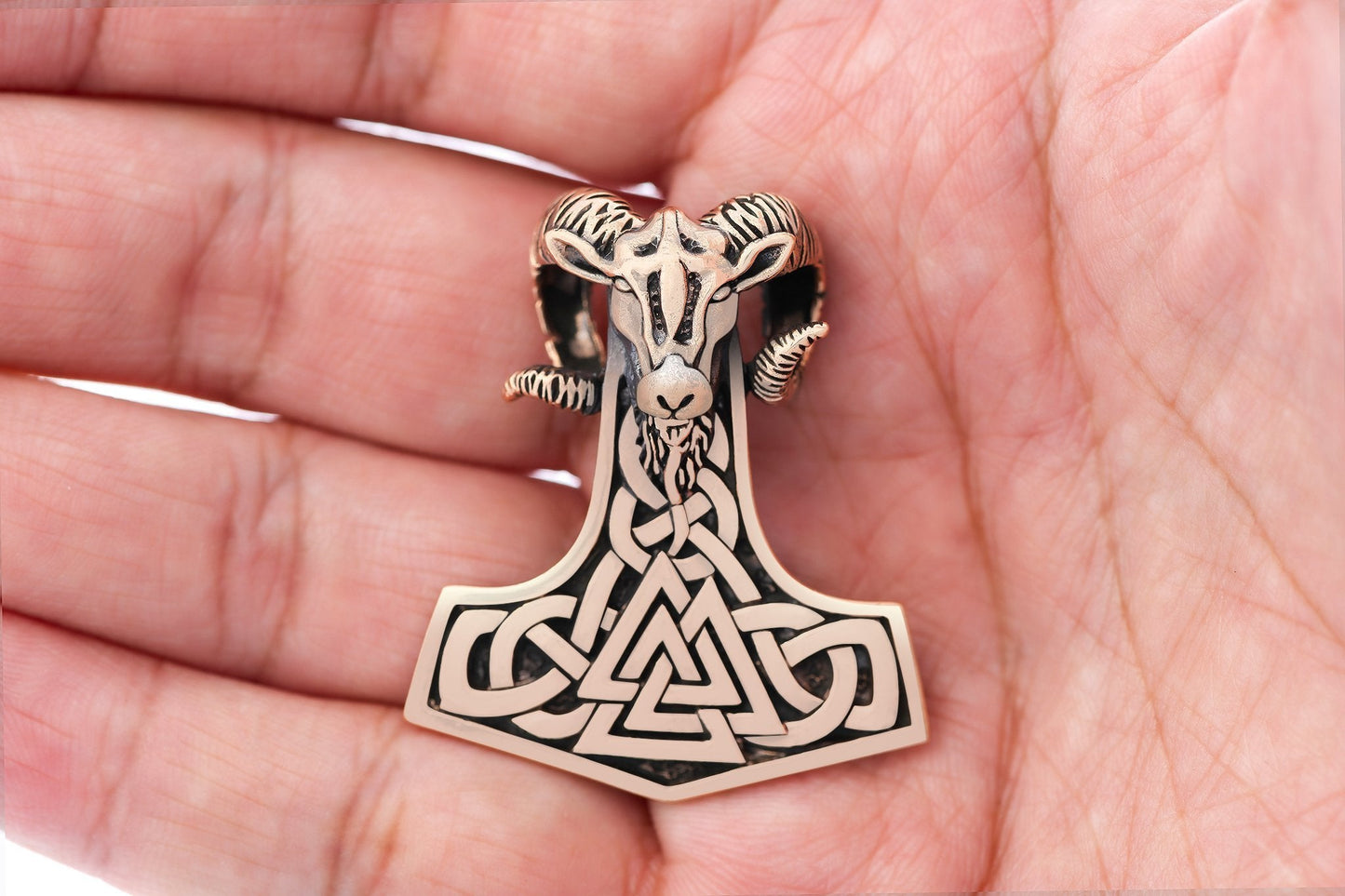 Viking Mjolnir Bronze Pendant with Ram Head and Valknut - SilverMania925