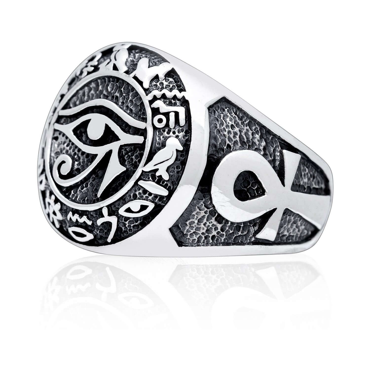 925 Sterling Silver Egypt Egyptian Hieroglyphs Eye of Horus Udjat Ankh Ring
