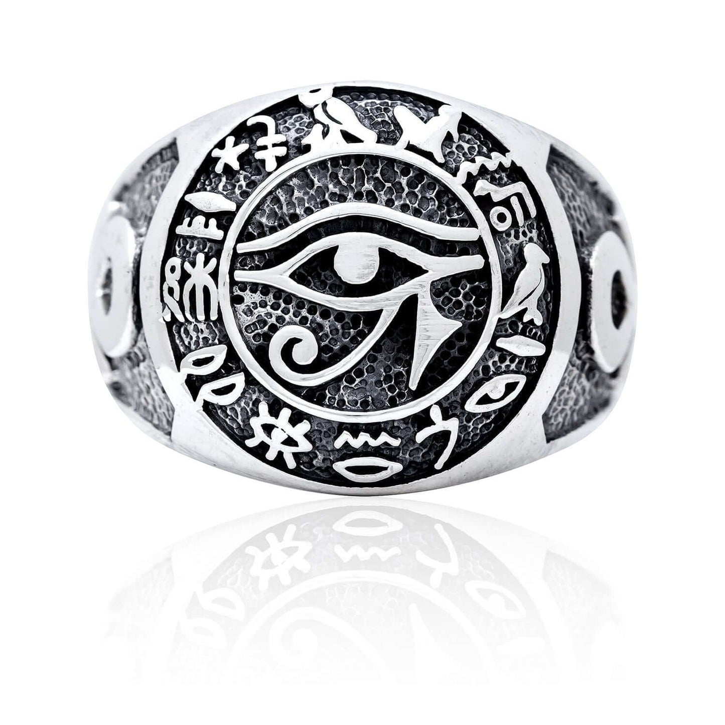 925 Sterling Silver Egypt Egyptian Hieroglyphs Eye of Horus Udjat Ankh Ring - SilverMania925