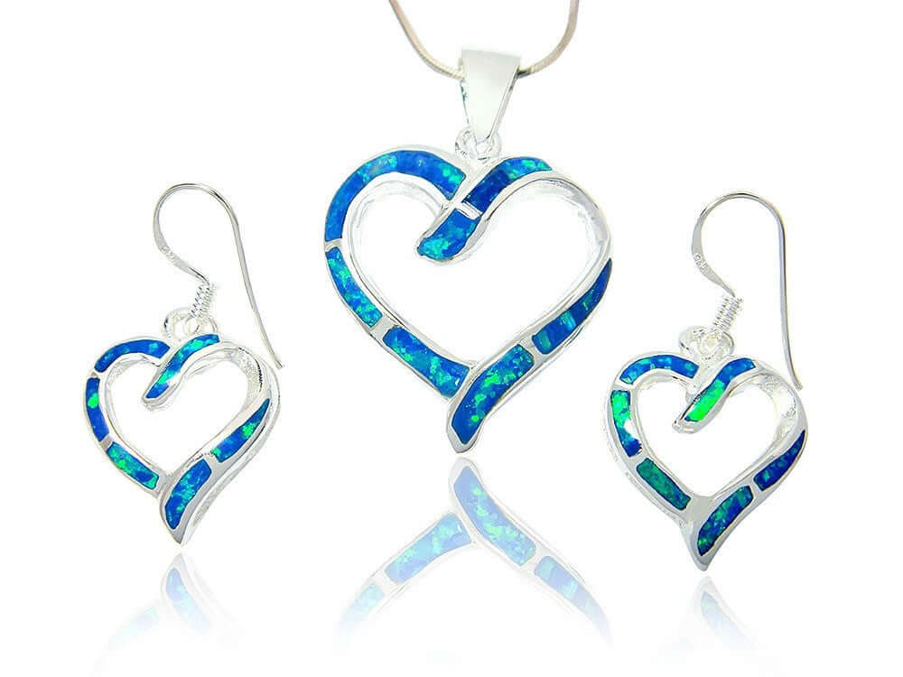 925 Sterling Silver Hawaiian Blue Fire Inlay Opal Love Heart Dangle Earrings Pendant Set