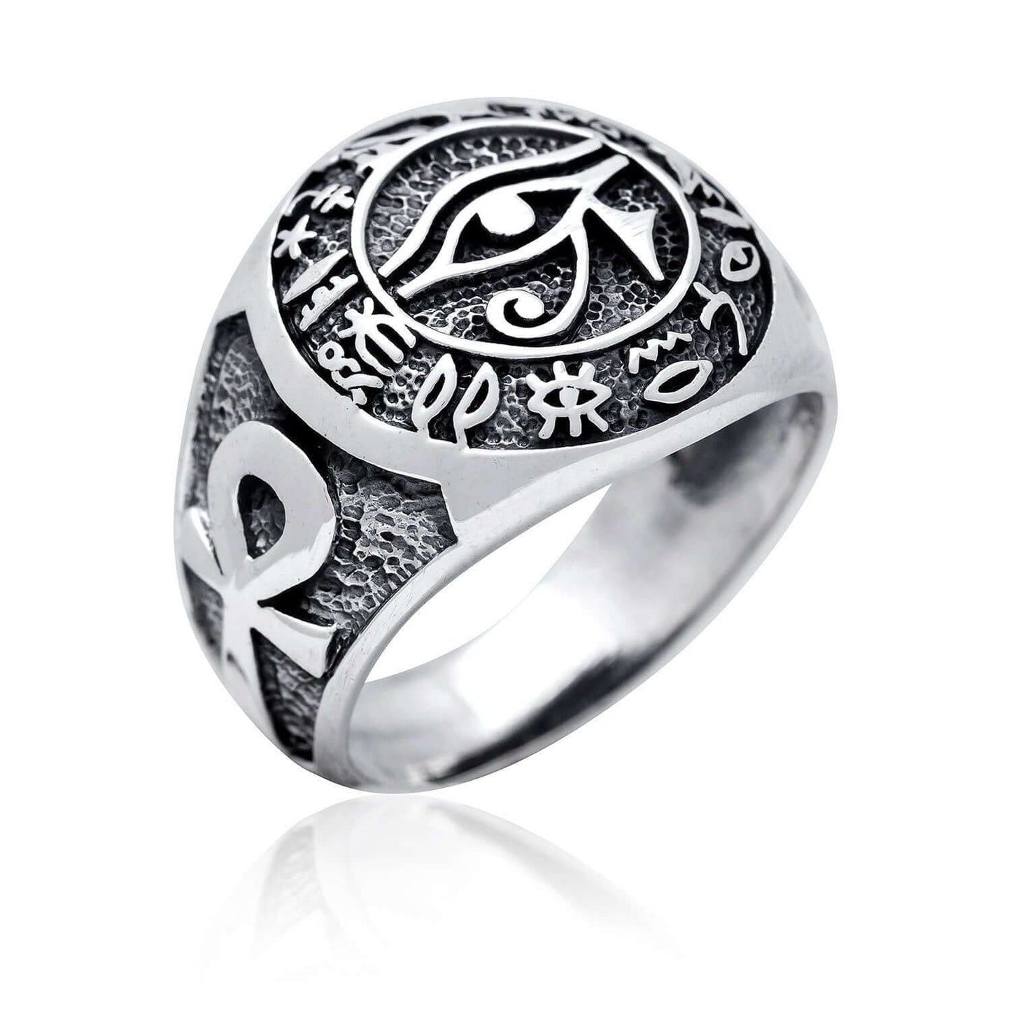 925 Sterling Silver Egypt Egyptian Hieroglyphs Eye of Horus Udjat Ankh Ring - SilverMania925