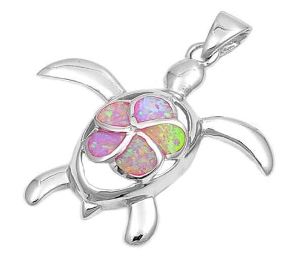 925 Sterling Silver Pink Fire Opal Plumeria Flower Sea Turtle Honu Charm Pendant