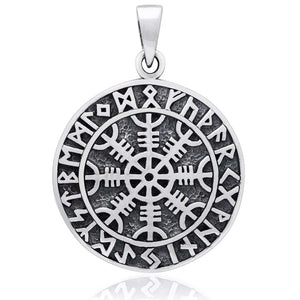 925 Sterling Silver Aegishjalmur Viking Helm of Awe Runes Pendant