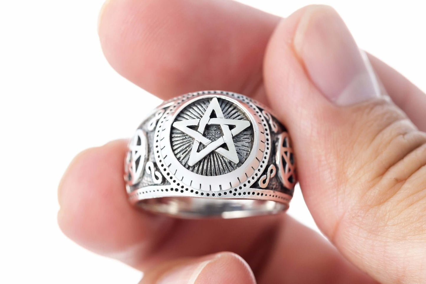 925 Sterling Silver Pentagram Satanic Ring - SilverMania925
