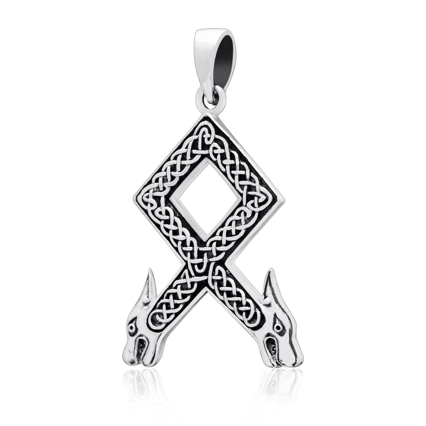 925 Sterling Silver Viking Othala Rune Wolf Heads with Knotwork Pendant - SilverMania925