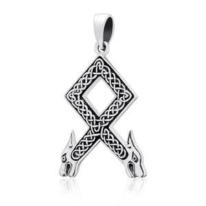 925 Sterling Silver Viking Othala Rune Wolf Heads with Knotwork Pendant