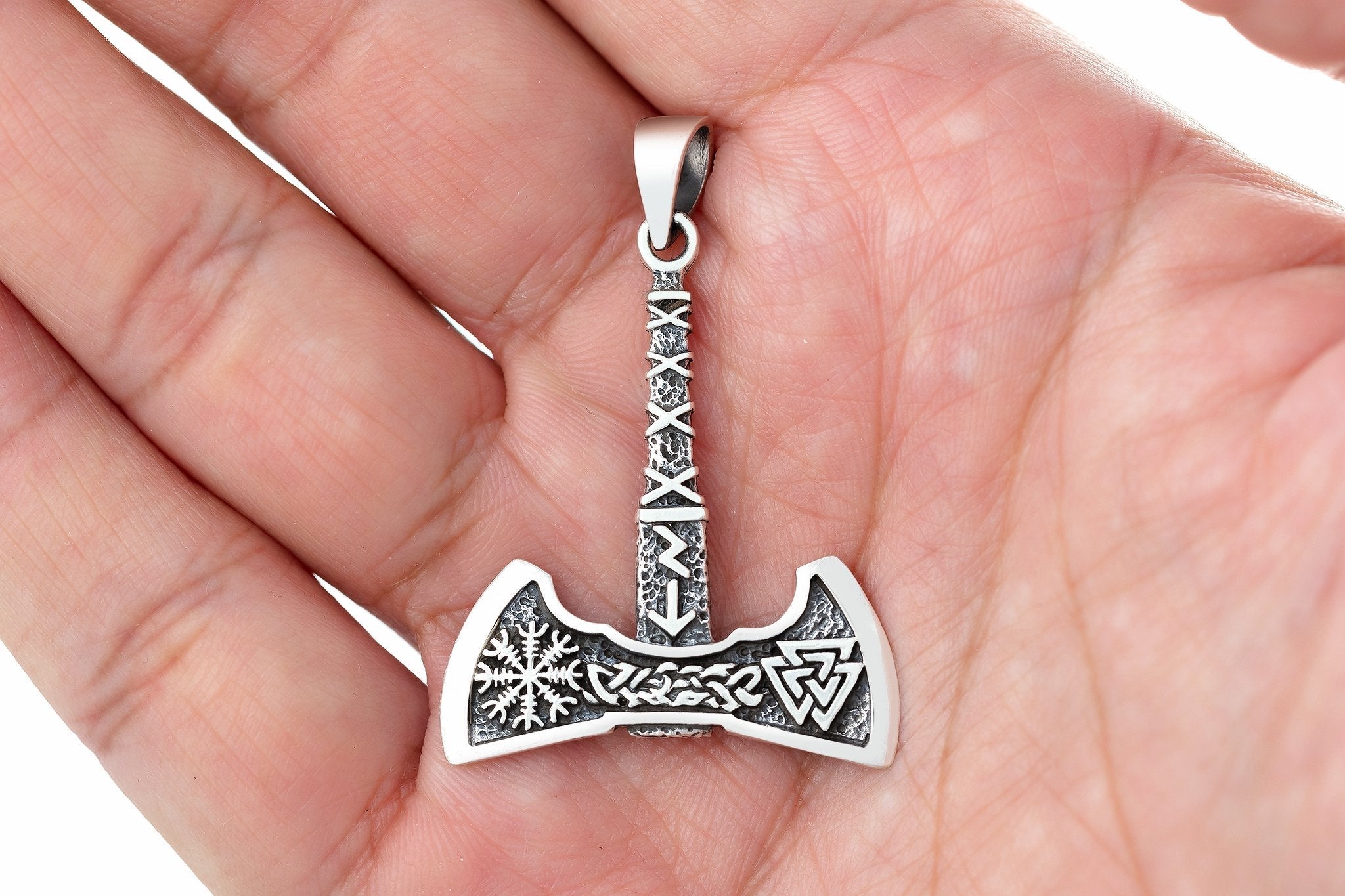 925 Sterling Silver Viking Axe with Valknut and Helm of Awe Pendant - SilverMania925