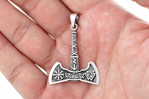925 Sterling Silver Viking Axe with Valknut and Helm of Awe Pendant