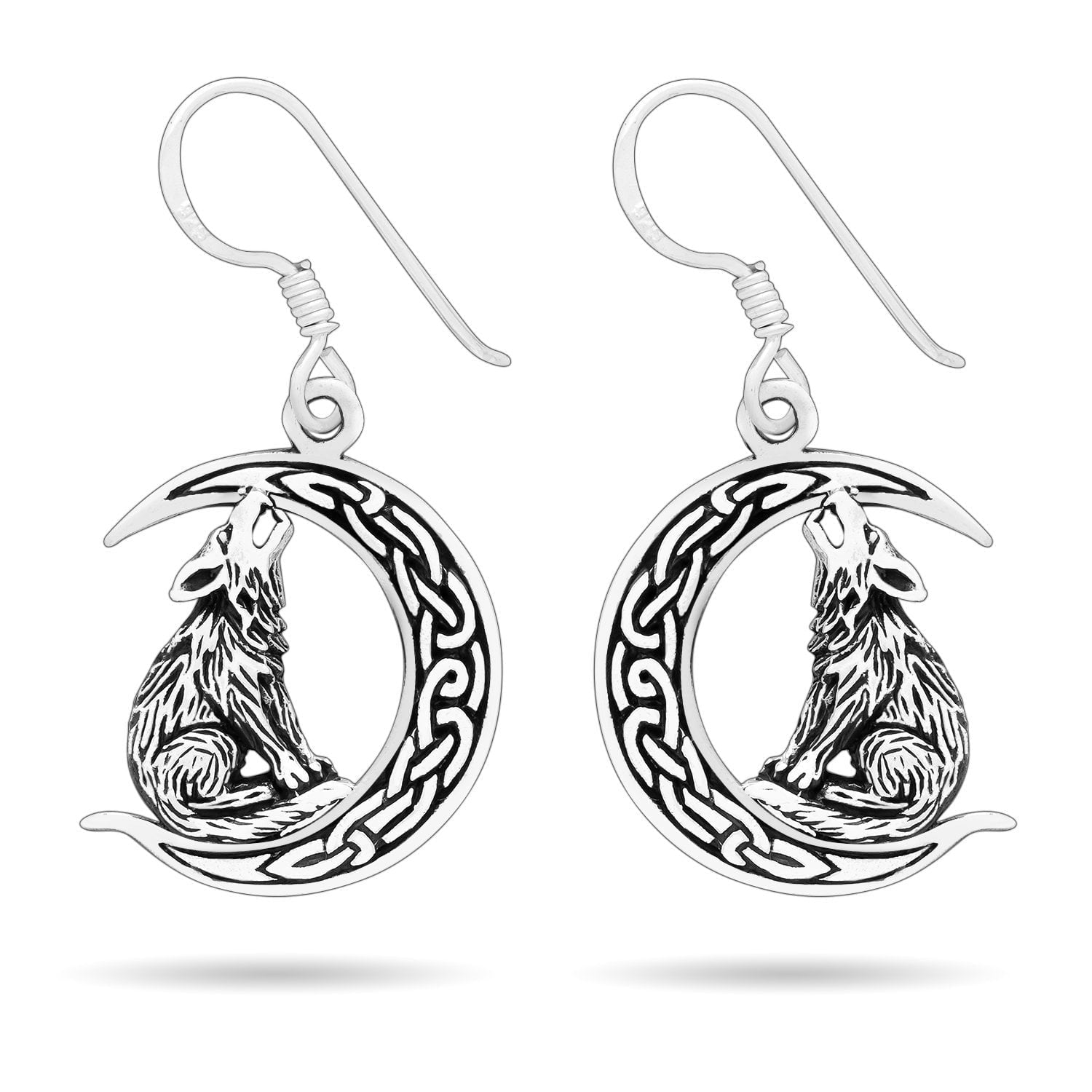 925 Sterling Silver Viking Wolf on Crescent Moon Earrings Set - SilverMania925