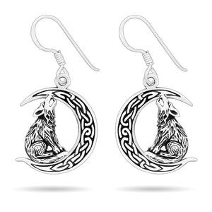 925 Sterling Silver Viking Wolf on Crescent Moon Earrings Set